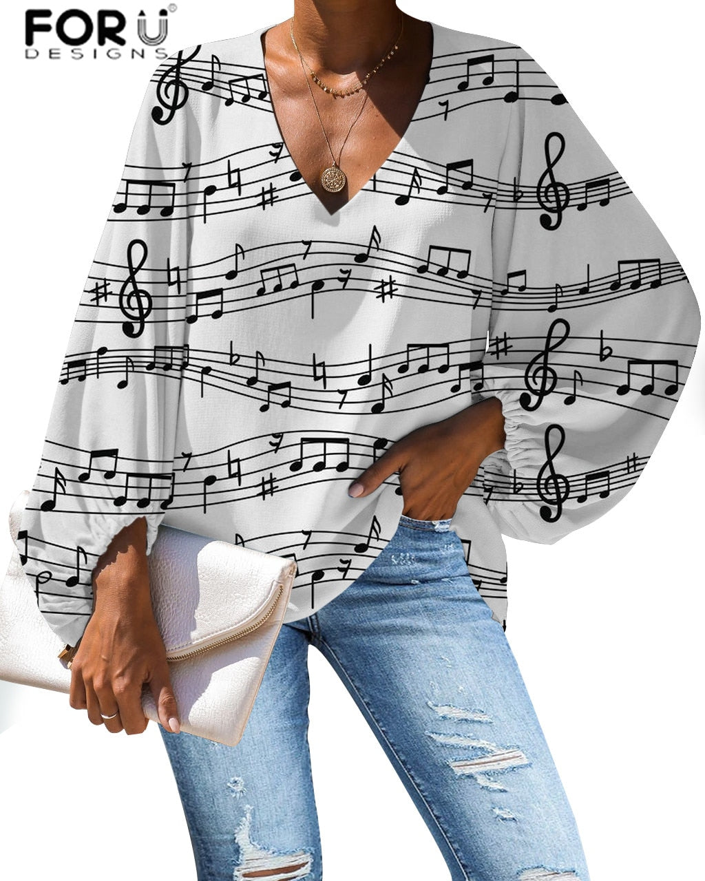 Custom Large Size Blouse Musical Notes Print Casual Loose Shirt Tops