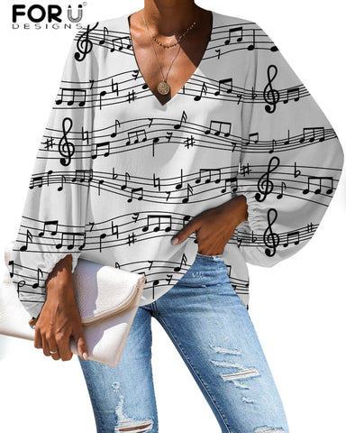 Custom Large Size Blouse Musical Notes Print Casual Loose Shirt Tops