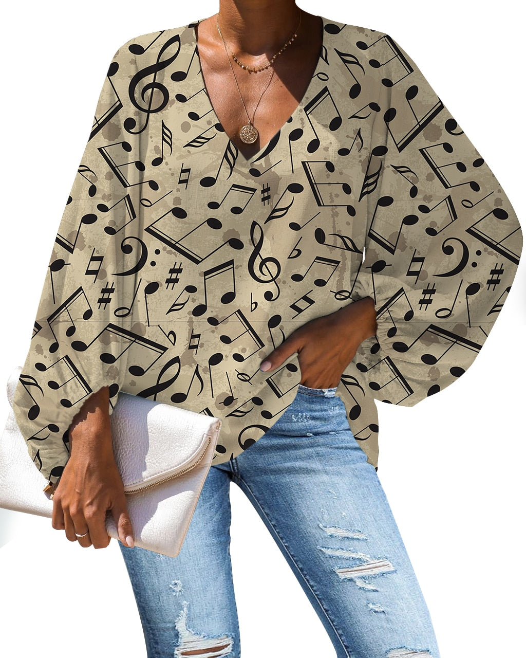 Custom Large Size Blouse Musical Notes Print Casual Loose Shirt Tops