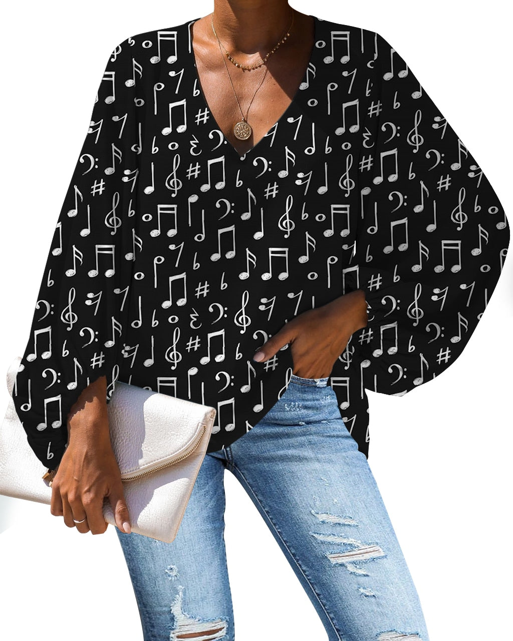 Custom Large Size Blouse Musical Notes Print Casual Loose Shirt Tops