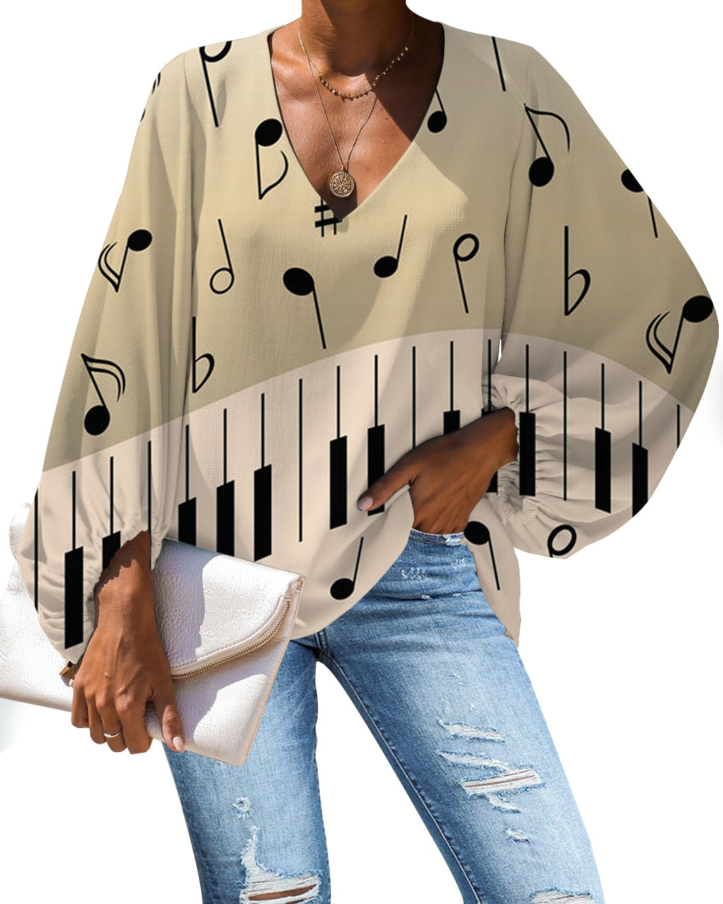 Custom Large Size Blouse Musical Notes Print Casual Loose Shirt Tops