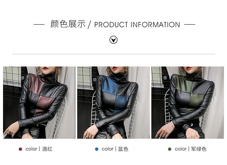 Long Sleeve Turtleneck Leather Women Fashion Pullover Top