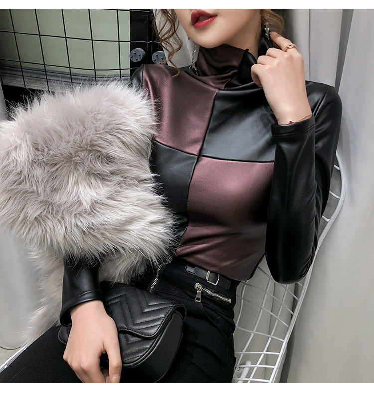 Long Sleeve Turtleneck Leather Women Fashion Pullover Top