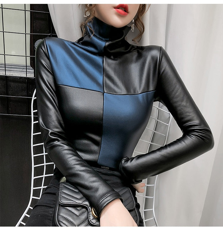 Long Sleeve Turtleneck Leather Women Fashion Pullover Top