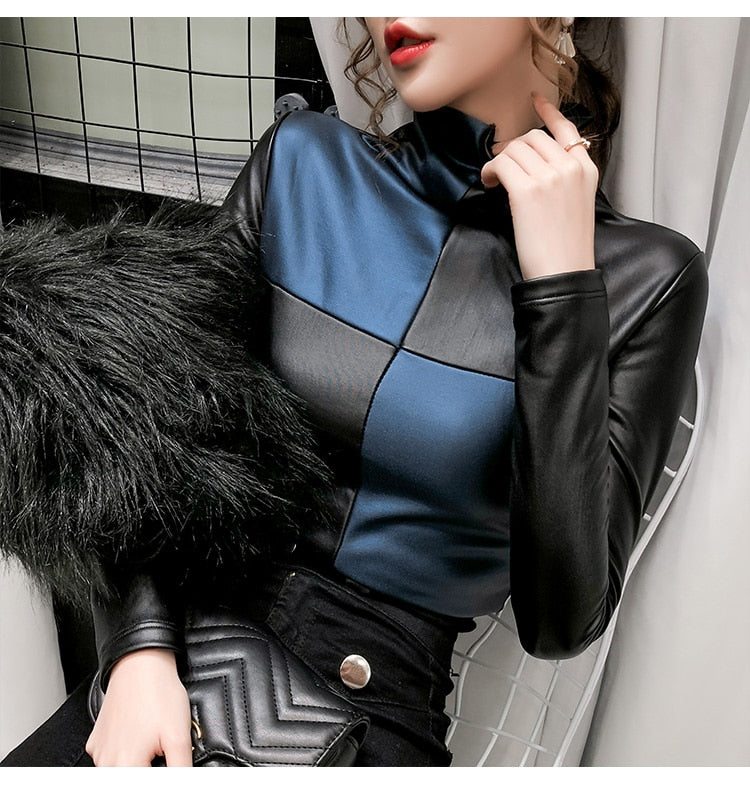 Long Sleeve Turtleneck Leather Women Fashion Pullover Top