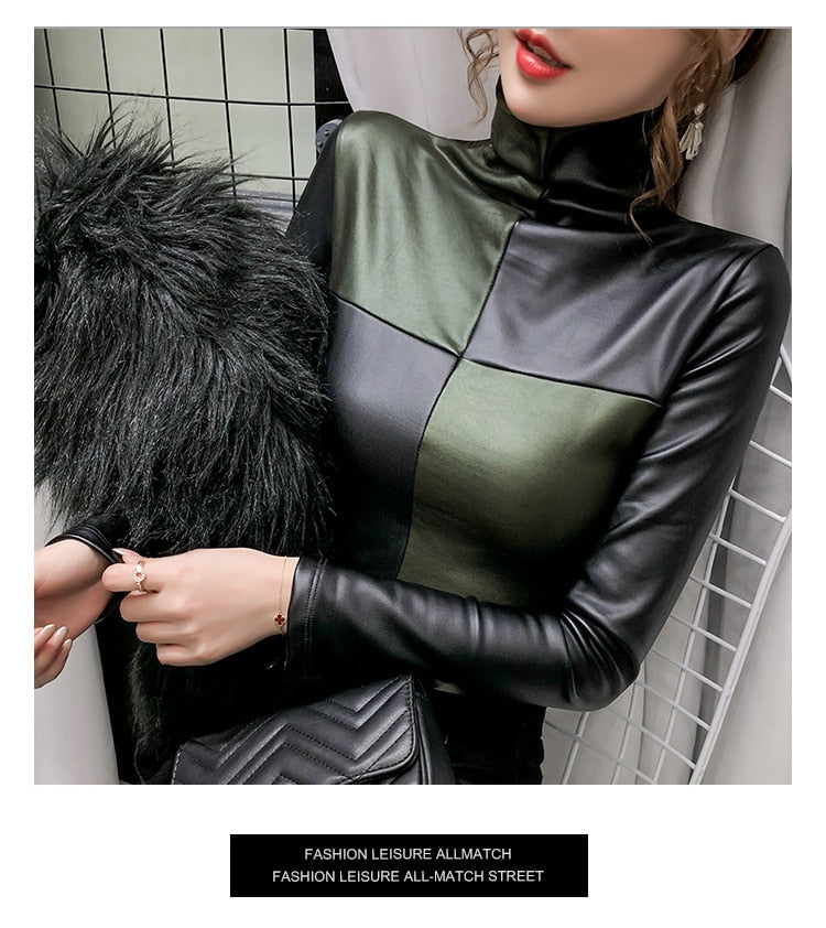 Long Sleeve Turtleneck Leather Women Fashion Pullover Top