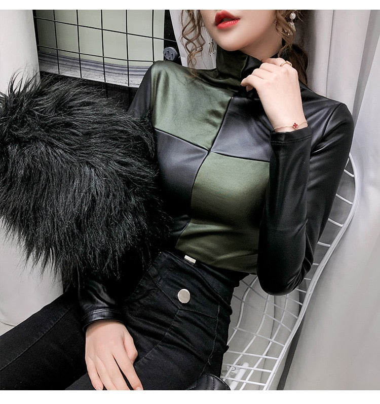 Long Sleeve Turtleneck Leather Women Fashion Pullover Top