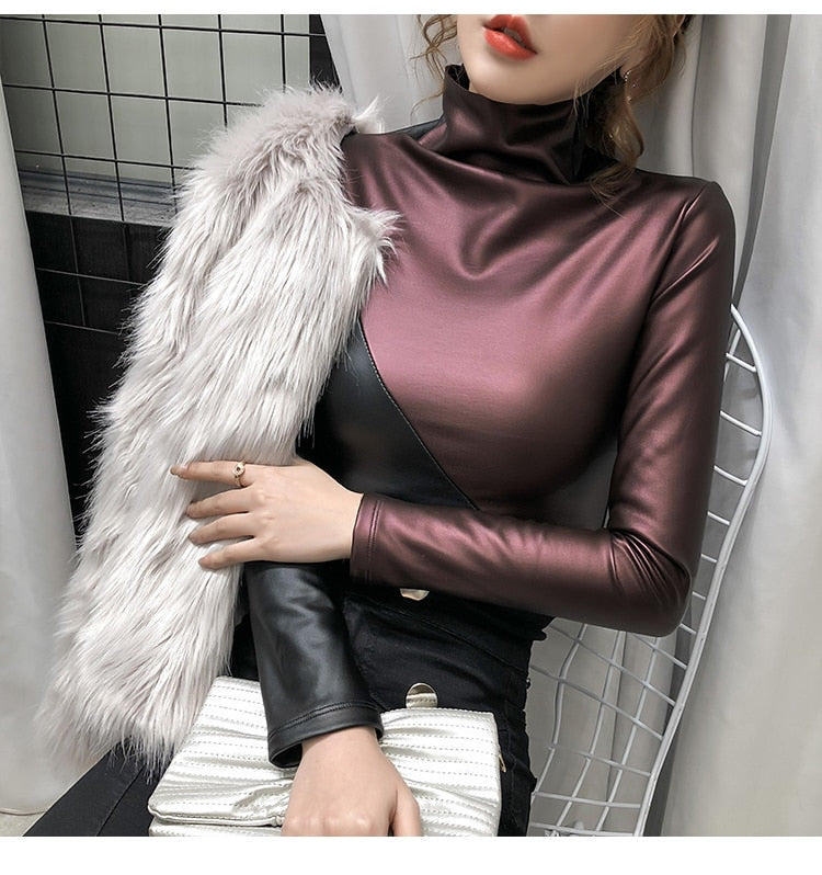 Long Sleeve Turtleneck Leather Women Fashion Pullover Top