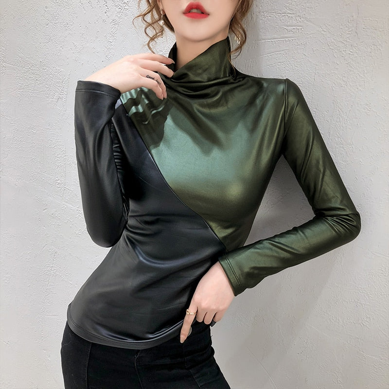 Long Sleeve Turtleneck Leather Women Fashion Pullover Top