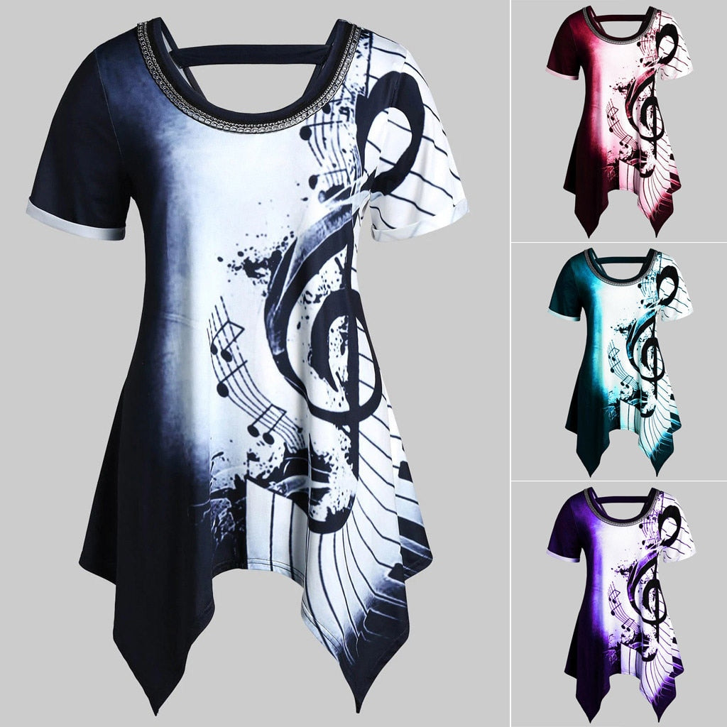 Custom T-shirt Women Plus Size Short Sleeve Musical Note Print Top