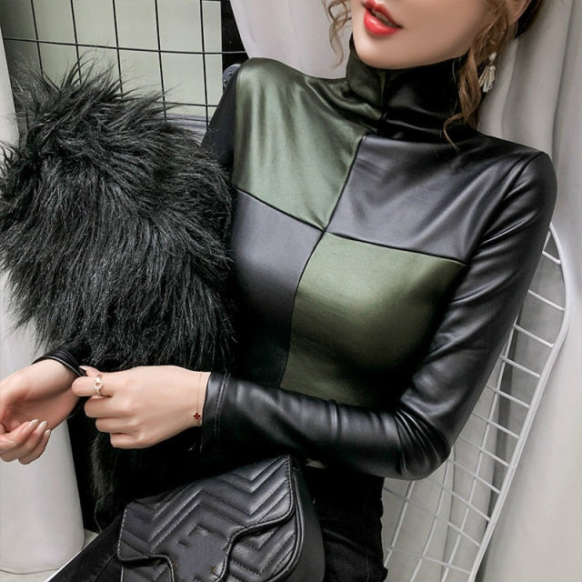 Long Sleeve Turtleneck Leather Women Fashion Pullover Top