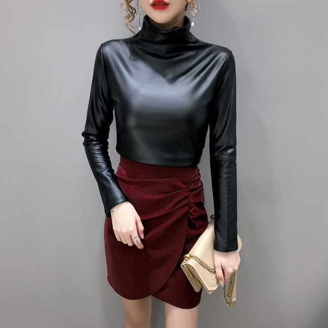 Long Sleeve Turtleneck Leather Women Fashion Pullover Top