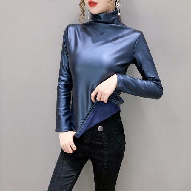 Long Sleeve Turtleneck Leather Women Fashion Pullover Top