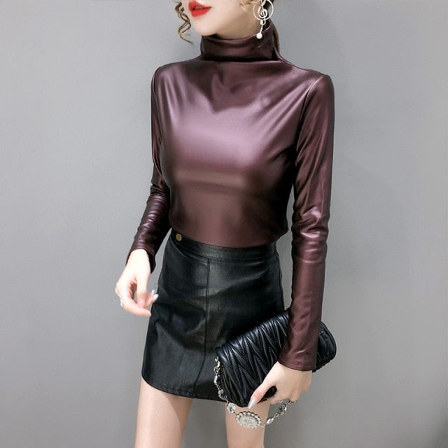 Long Sleeve Turtleneck Leather Women Fashion Pullover Top