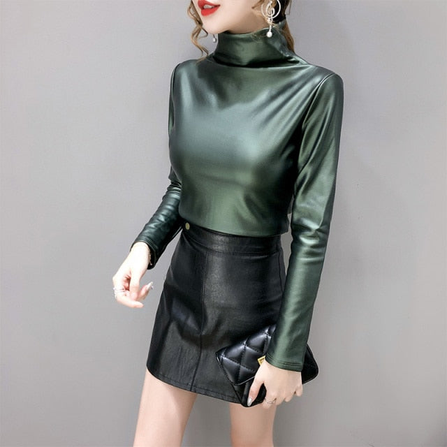 Long Sleeve Turtleneck Leather Women Fashion Pullover Top