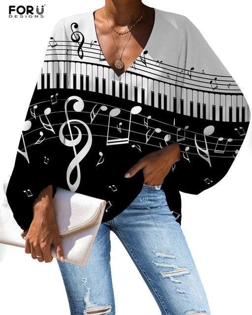 Custom Large Size Blouse Musical Notes Print Casual Loose Shirt Tops