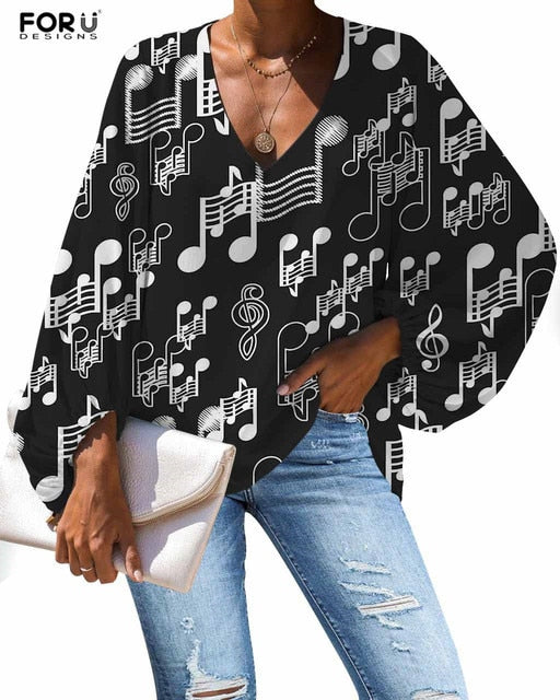 Custom Large Size Blouse Musical Notes Print Casual Loose Shirt Tops