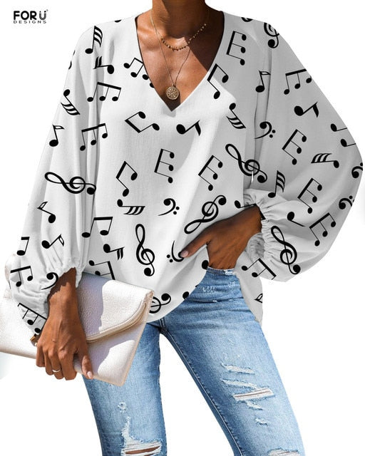 Custom Large Size Blouse Musical Notes Print Casual Loose Shirt Tops