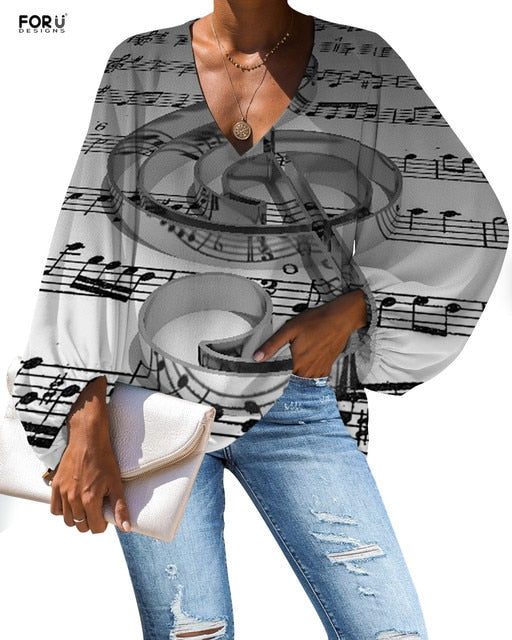 Custom Large Size Blouse Musical Notes Print Casual Loose Shirt Tops