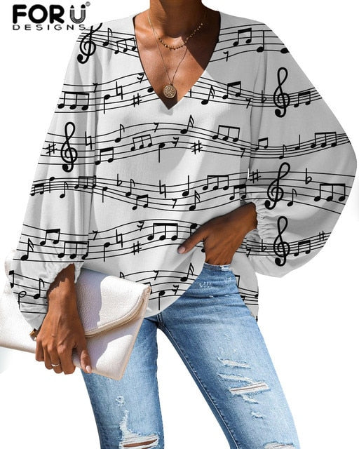 Custom Large Size Blouse Musical Notes Print Casual Loose Shirt Tops