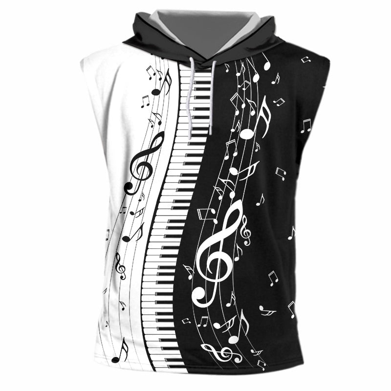 Casual  3D Print Hooded Tank Top Piano Keys Music Notes Sleeveless Vest Streetwear