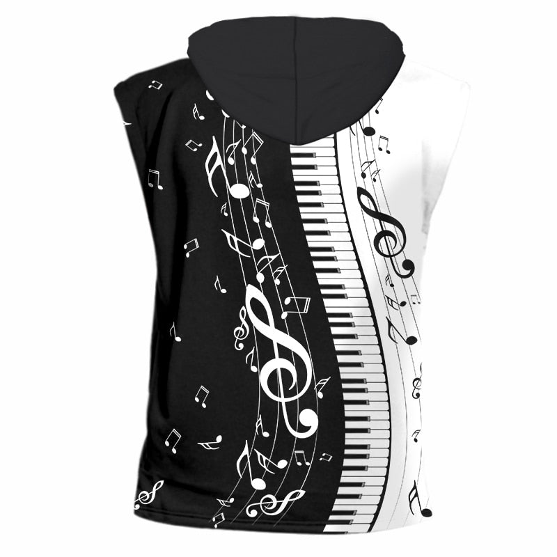 Casual  3D Print Hooded Tank Top Piano Keys Music Notes Sleeveless Vest Streetwear