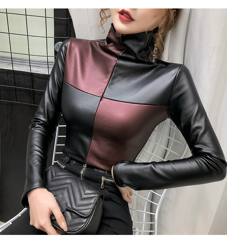 Long Sleeve Turtleneck Leather Women Fashion Pullover Top