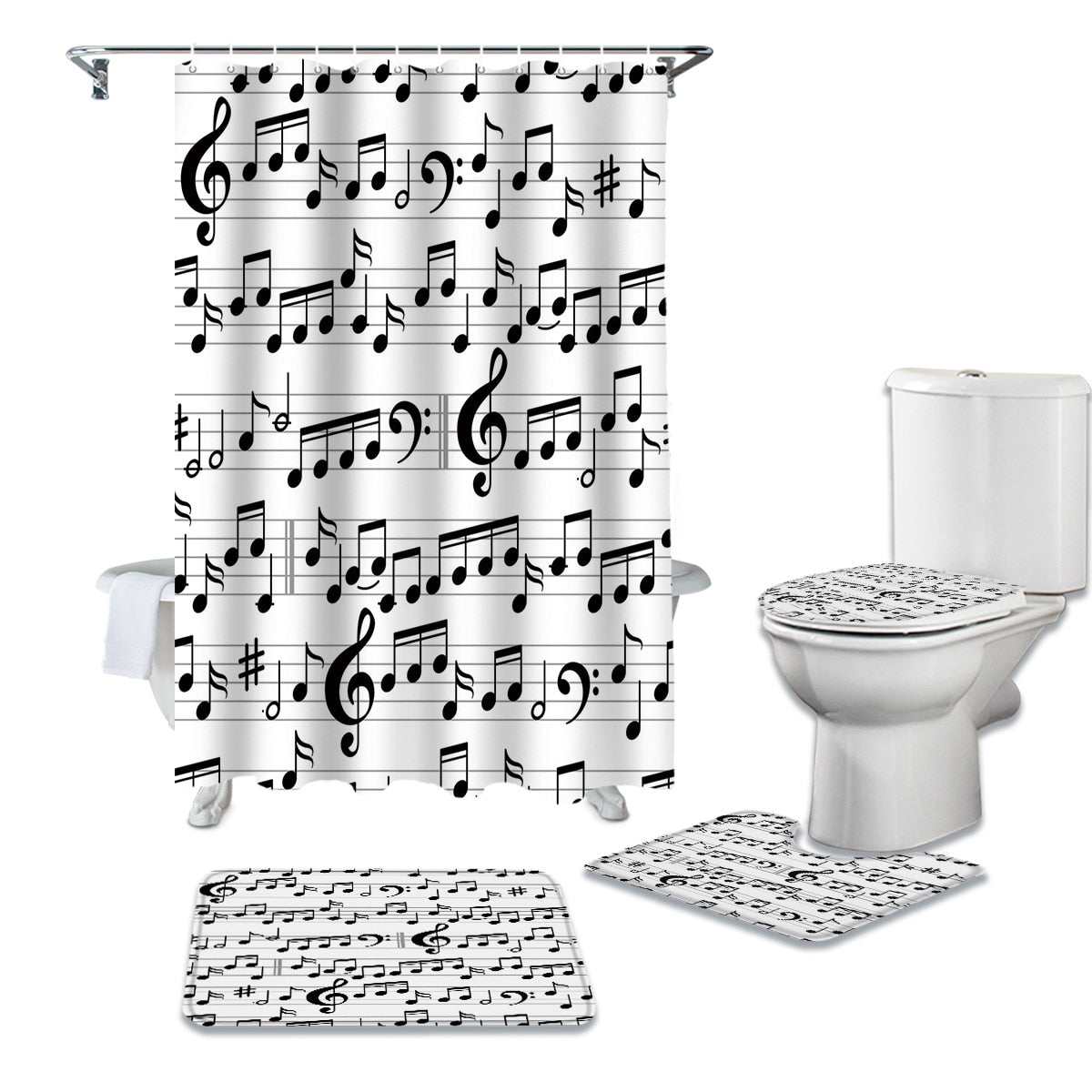 Music Note Black White Fabric Bathroom Shower Curtain Set Anti-skid Rugs